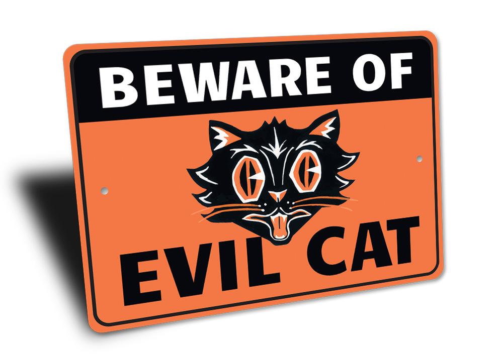 Beware of Evil Cat Sign made from high-quality aluminum, featuring spooky design perfect for Halloween decorations.