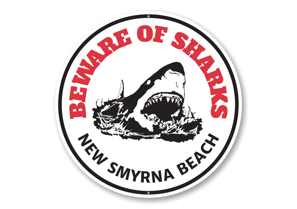 Beware of Sharks Beach Sign made of durable aluminum, featuring vibrant colors and a playful design, perfect for coastal decor.