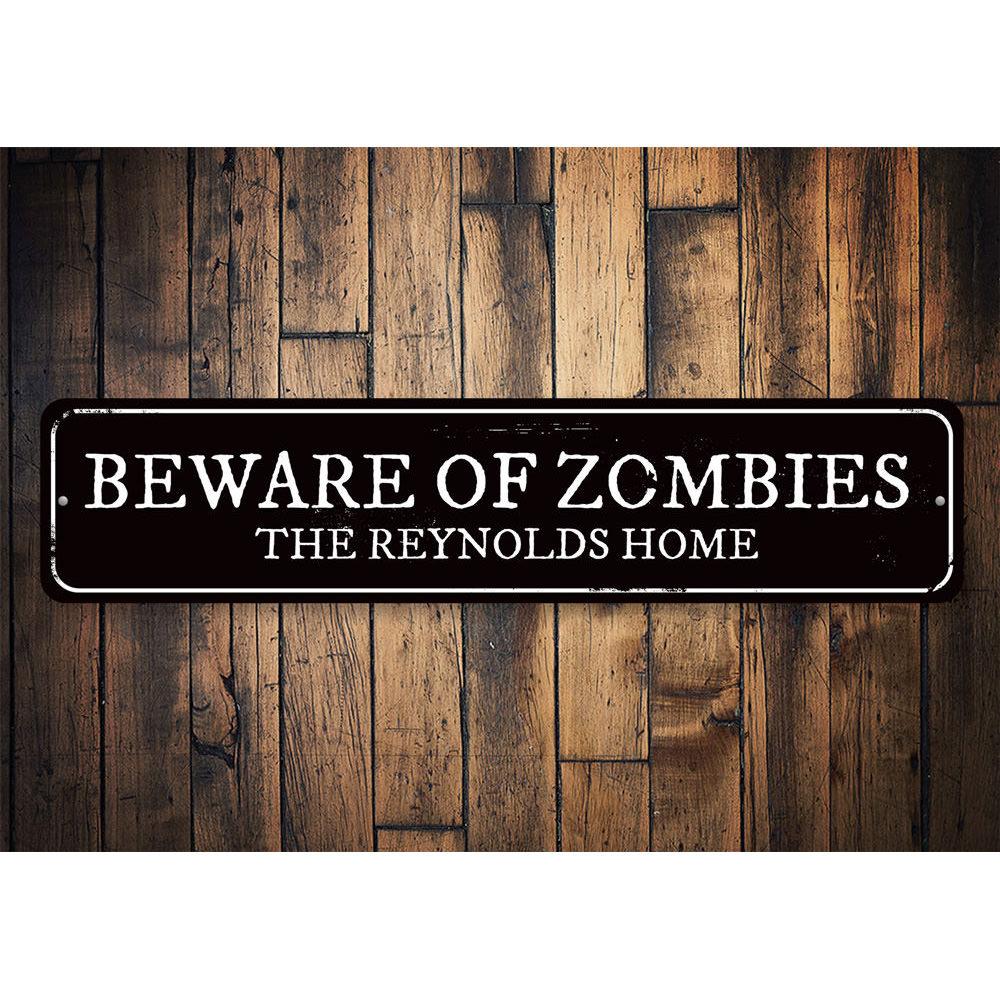 Beware of Zombies sign made from high-quality aluminum, featuring spooky graphics perfect for Halloween decorations.