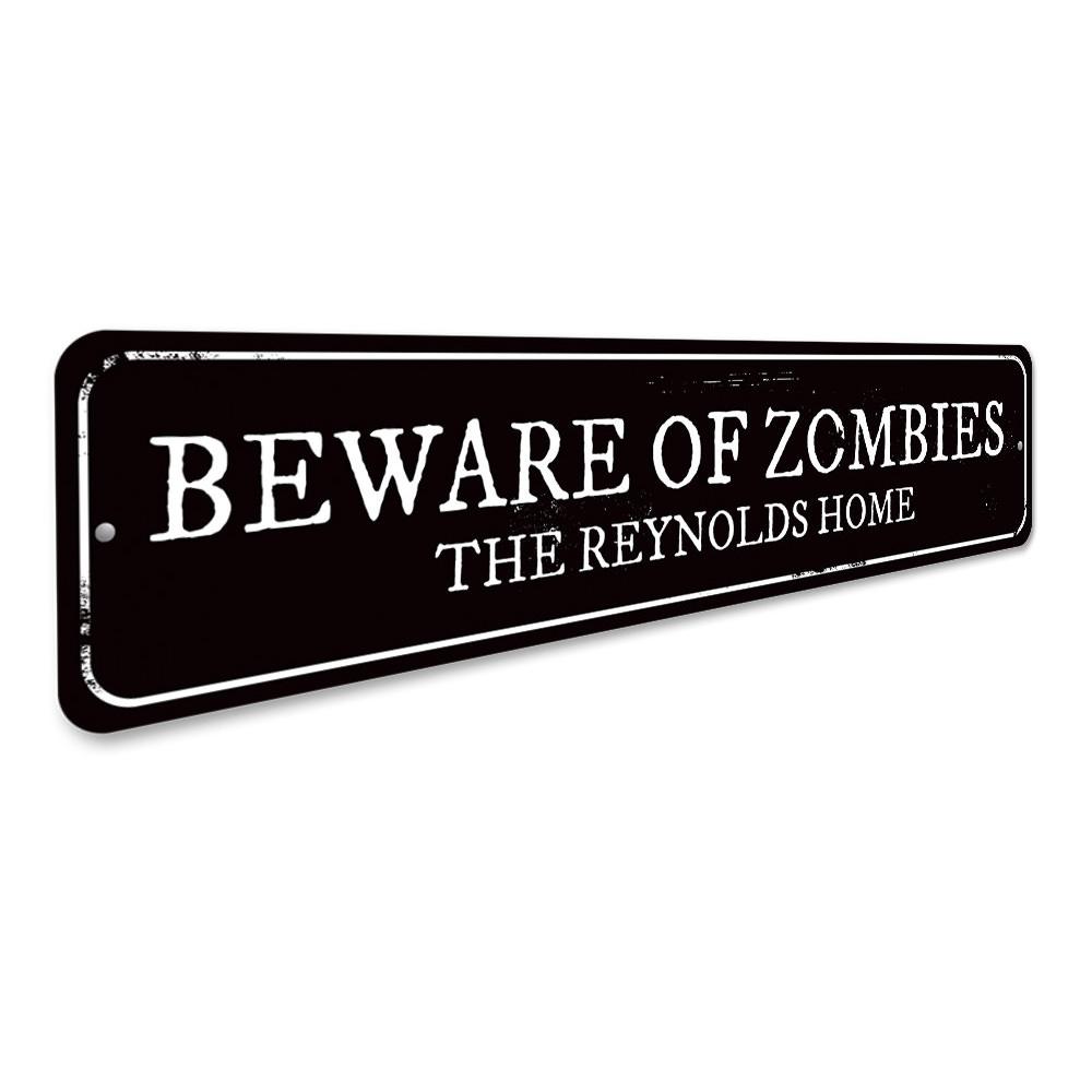 Beware of Zombies sign made from high-quality aluminum, featuring spooky graphics perfect for Halloween decorations.