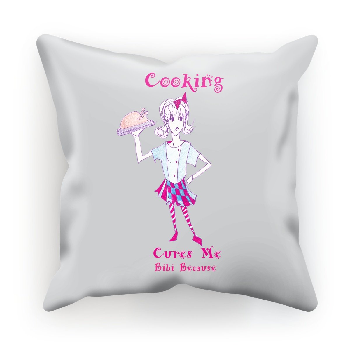 Bibi Because Cooking Cures Me Cushion in various fabric options, showcasing vibrant colors and unique design.