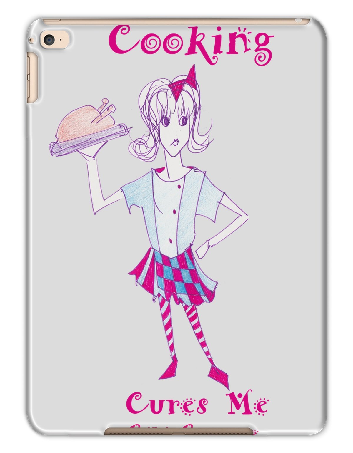 Bibi Because Cooking Cures Me tablet case featuring a vibrant cooking-themed design, made from durable shatterproof plastic.