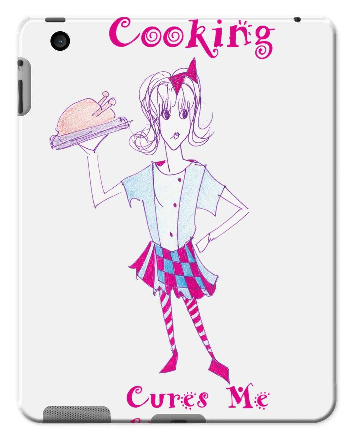 Bibi Because Cooking Cures Me tablet case featuring a vibrant cooking-themed design, made from durable shatterproof plastic.