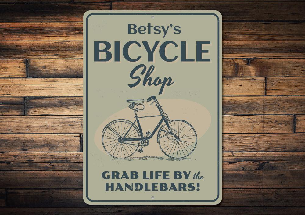 Customizable Bicycle Shop Name Sign made from high-quality aluminum, featuring pre-drilled holes for easy mounting.