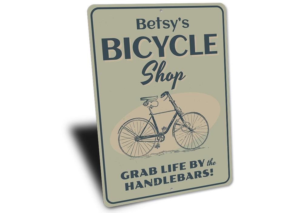 Customizable Bicycle Shop Name Sign made from high-quality aluminum, featuring pre-drilled holes for easy mounting.