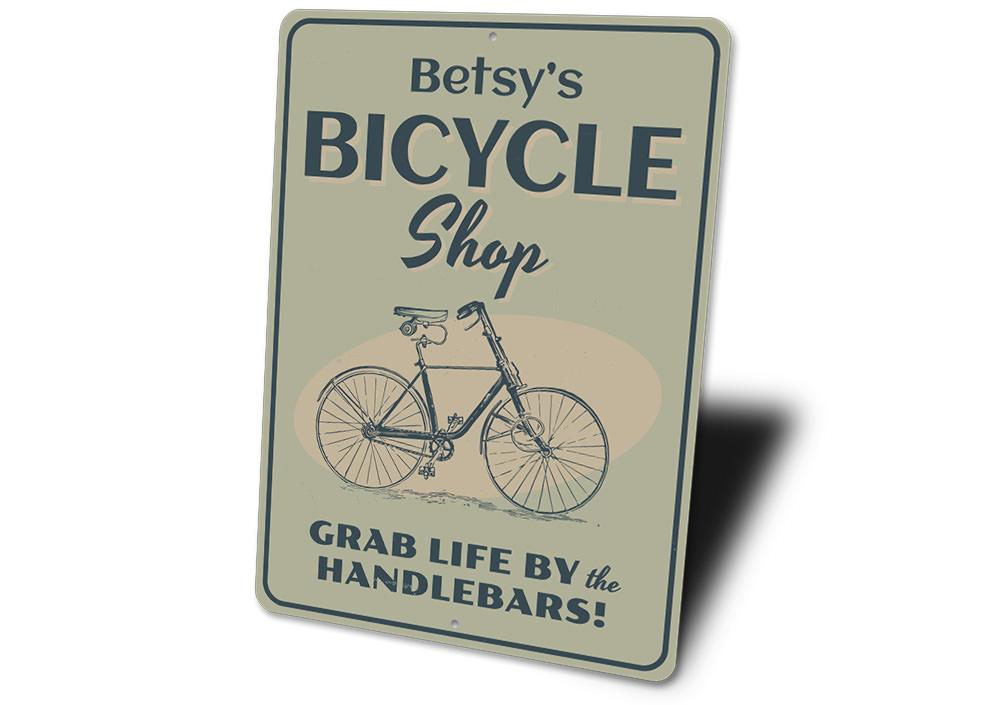 Customizable Bicycle Shop Name Sign made from high-quality aluminum, featuring pre-drilled holes for easy mounting.