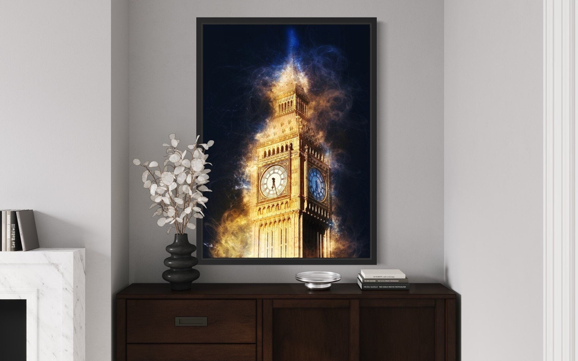 A detailed print of Big Ben, showcasing the iconic clock tower's intricate architecture and grandeur against a clear sky.