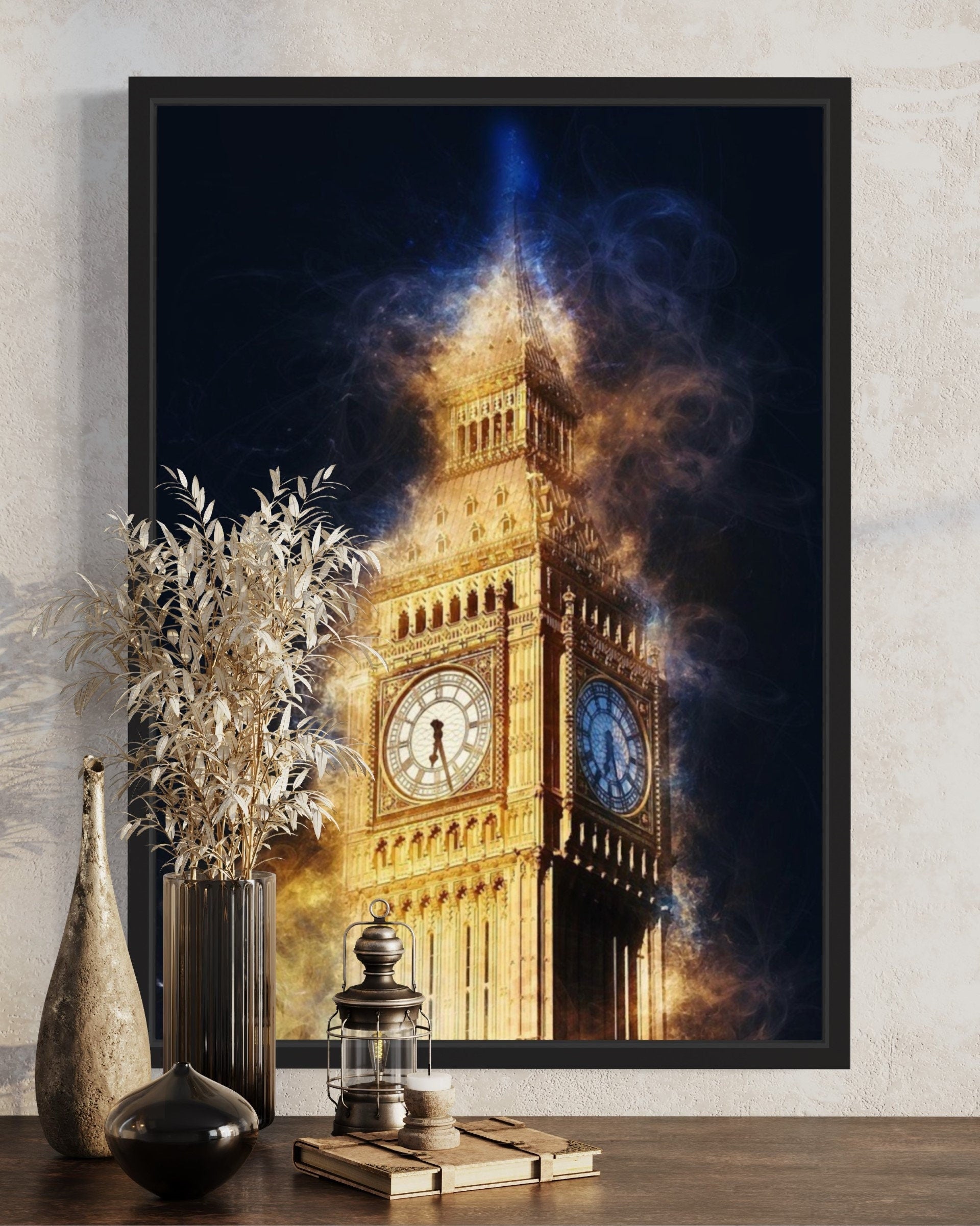 A detailed print of Big Ben, showcasing the iconic clock tower's intricate architecture and grandeur against a clear sky.