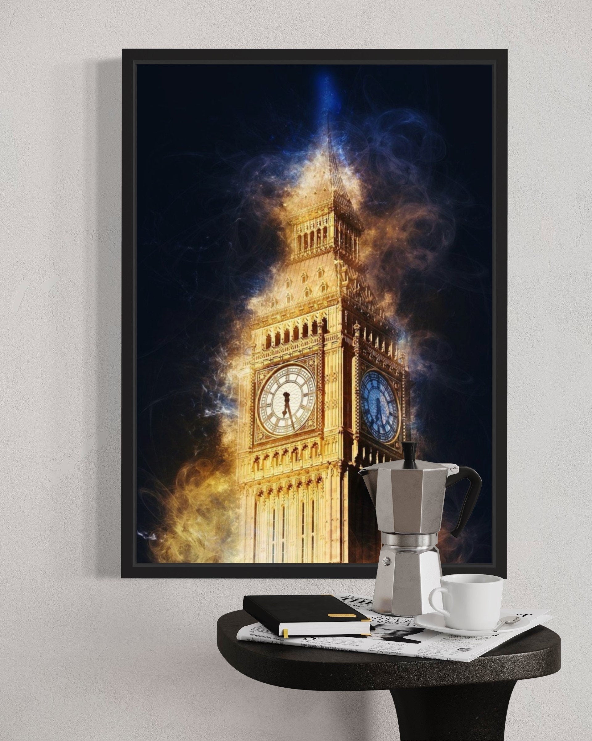 A detailed print of Big Ben, showcasing the iconic clock tower's intricate architecture and grandeur against a clear sky.