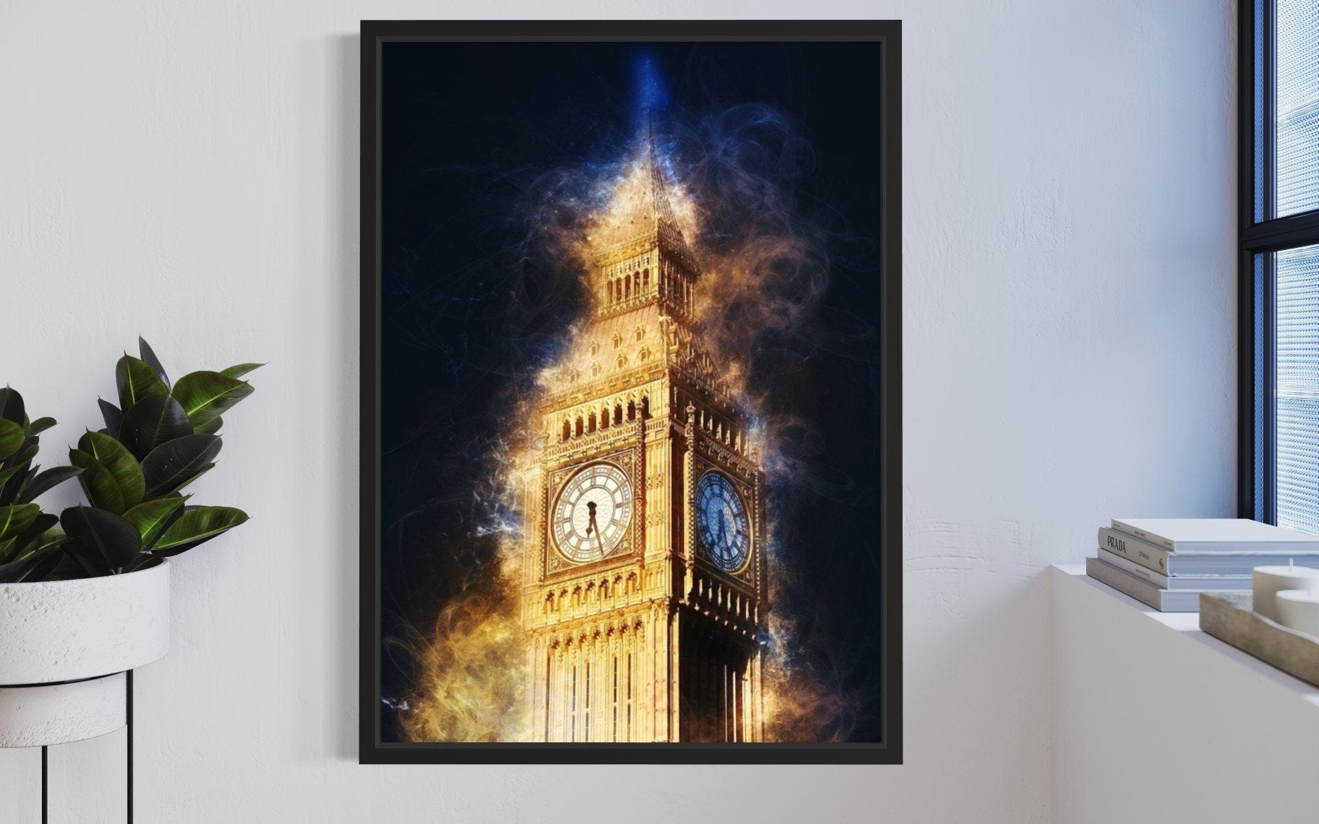 A detailed print of Big Ben, showcasing the iconic clock tower's intricate architecture and grandeur against a clear sky.