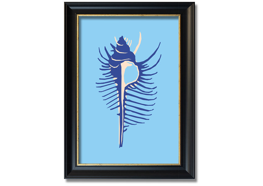 A beautifully framed Big Blue Shell print showcasing vibrant blue colors, ready to hang, available in various frame colors.