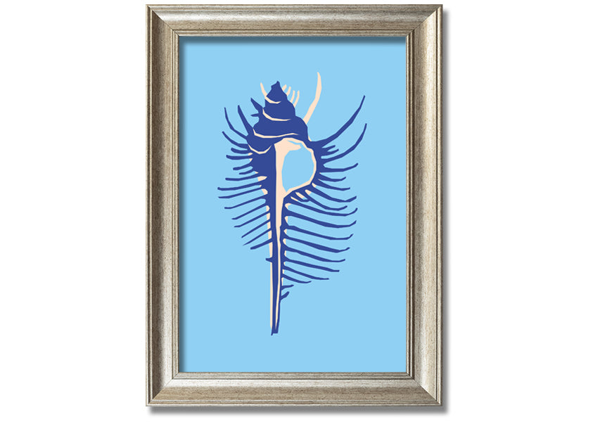 A beautifully framed Big Blue Shell print showcasing vibrant blue colors, ready to hang, available in various frame colors.