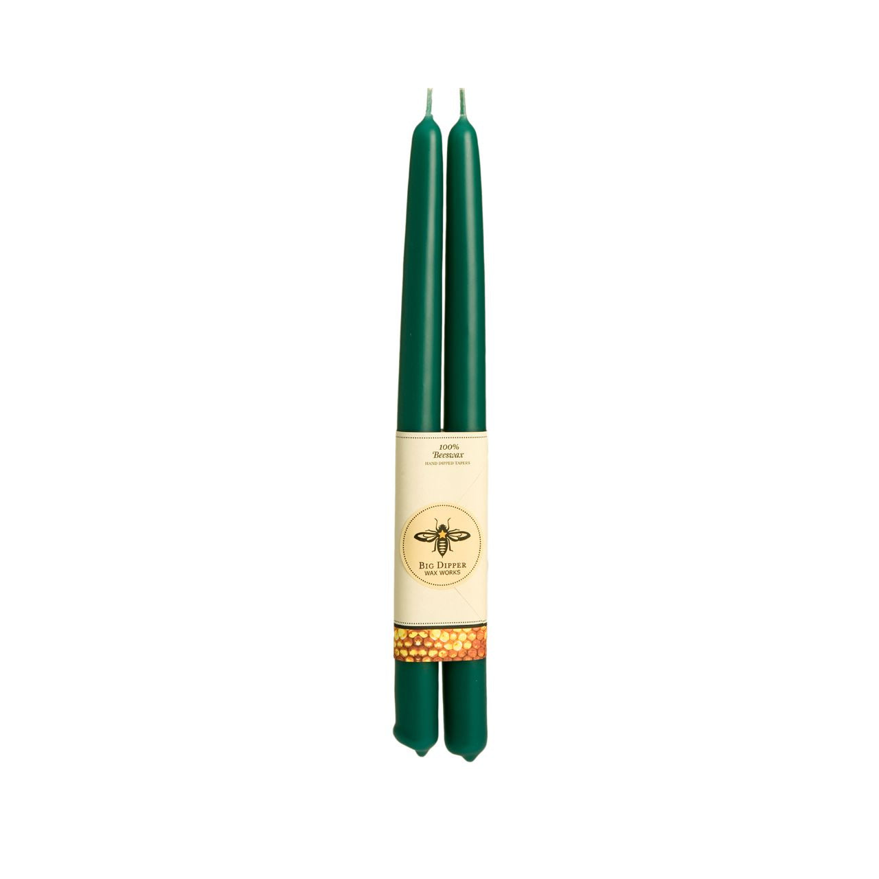 A pair of elegant Big Dipper Wax Works 100% Pure Beeswax STANDARD Tapers, hand-dipped and showcasing a warm golden hue.