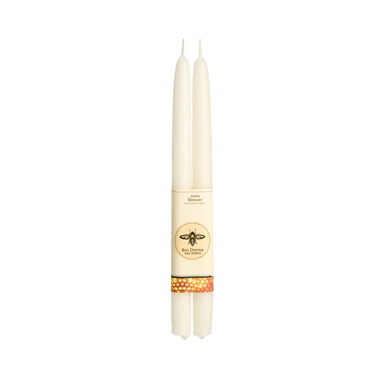 A pair of elegant Big Dipper Wax Works 100% Pure Beeswax STANDARD Tapers, hand-dipped and showcasing a warm golden hue.