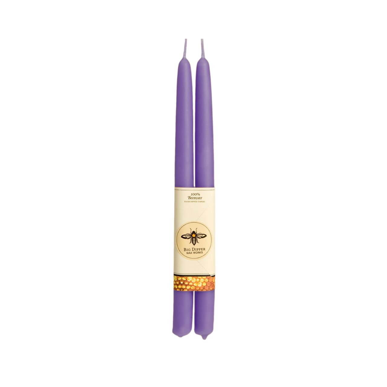 A pair of elegant Big Dipper Wax Works 100% Pure Beeswax STANDARD Tapers, hand-dipped and showcasing a warm golden hue.