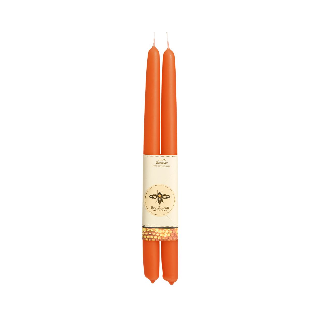 A pair of elegant Big Dipper Wax Works 100% Pure Beeswax STANDARD Tapers, hand-dipped and showcasing a warm golden hue.