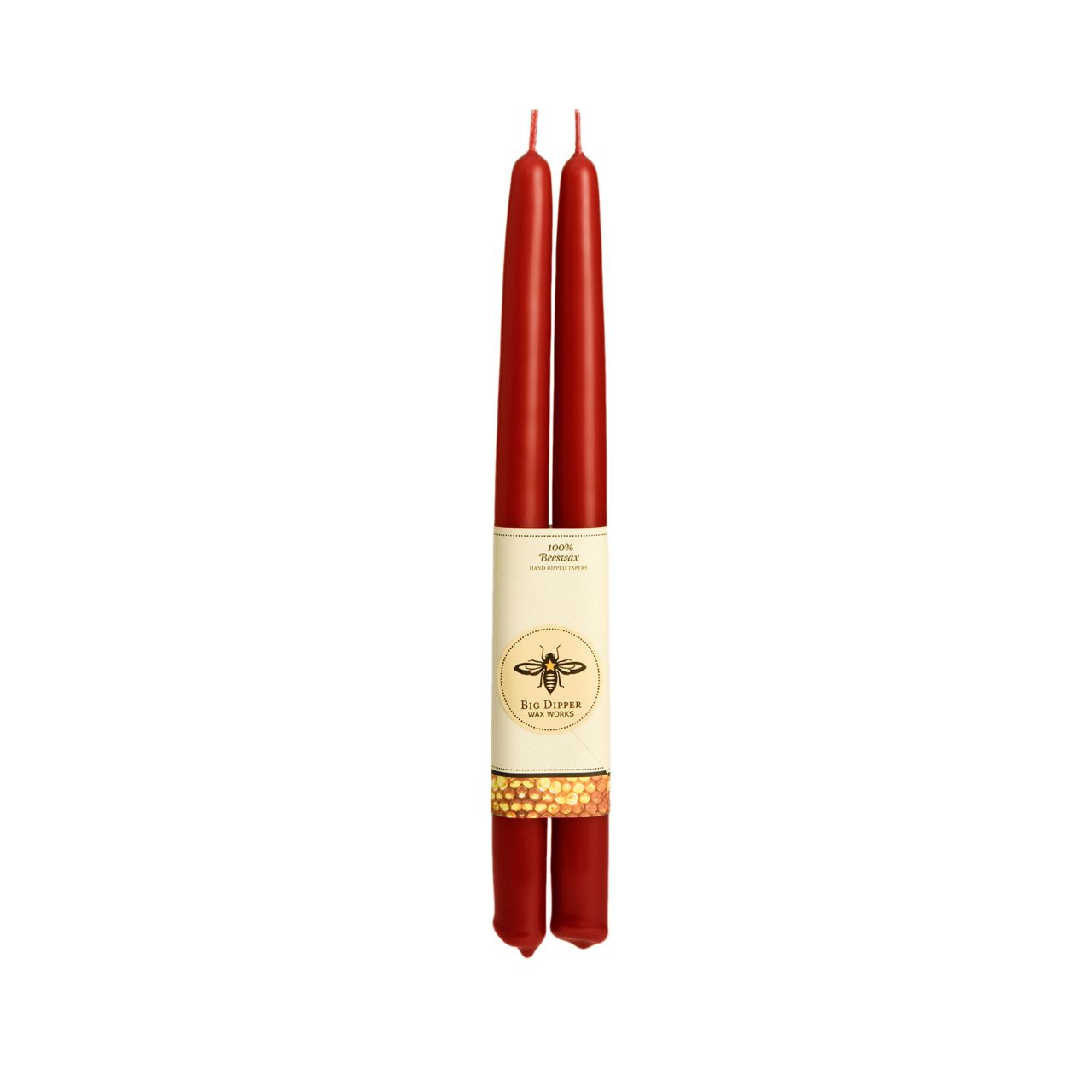 A pair of elegant Big Dipper Wax Works 100% Pure Beeswax STANDARD Tapers, hand-dipped and showcasing a warm golden hue.