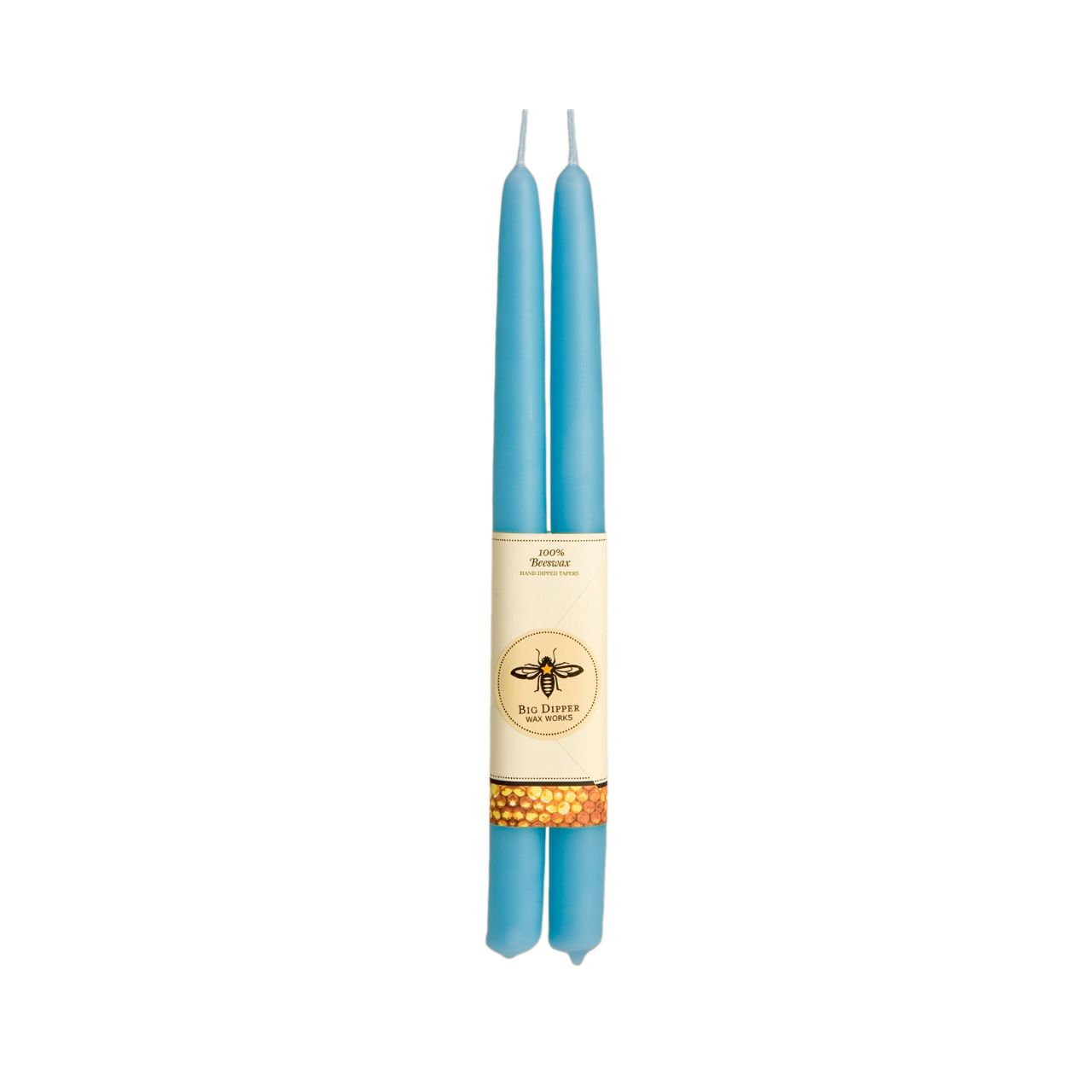 A pair of elegant Big Dipper Wax Works 100% Pure Beeswax STANDARD Tapers, hand-dipped and showcasing a warm golden hue.