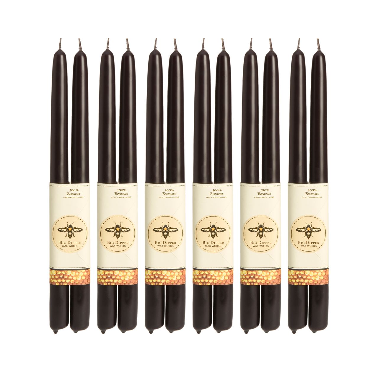 A pair of elegant Big Dipper Wax Works 100% Pure Beeswax STANDARD Tapers, hand-dipped and showcasing a warm golden hue.