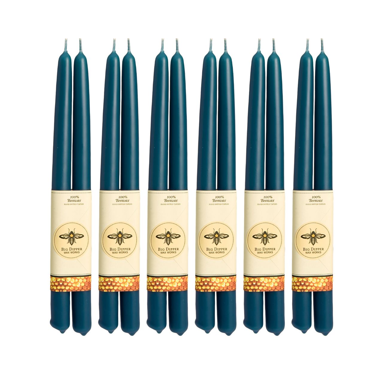 A pair of elegant Big Dipper Wax Works 100% Pure Beeswax STANDARD Tapers, hand-dipped and showcasing a warm golden hue.