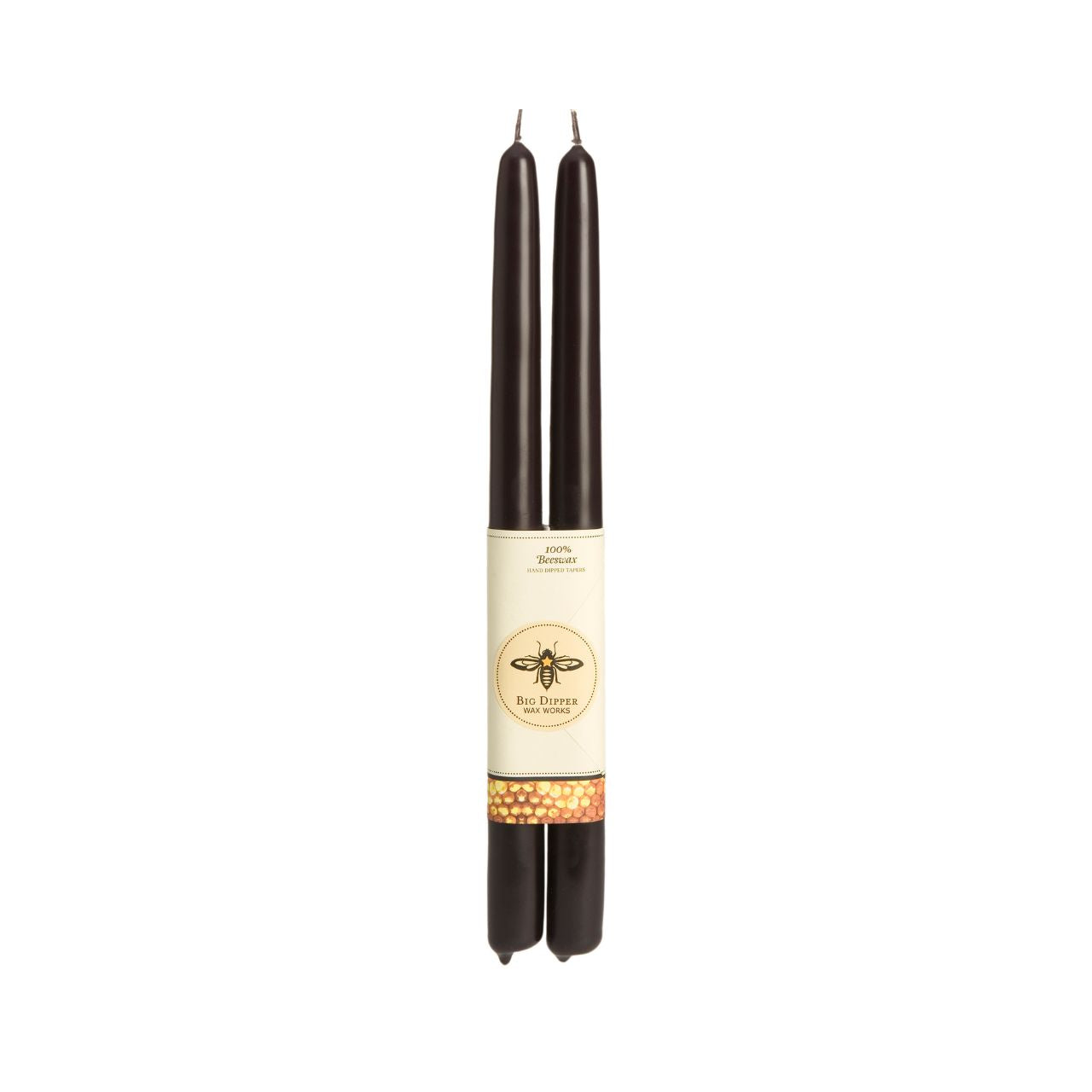 A pair of elegant Big Dipper Wax Works 100% Pure Beeswax STANDARD Tapers, hand-dipped and showcasing a warm golden hue.