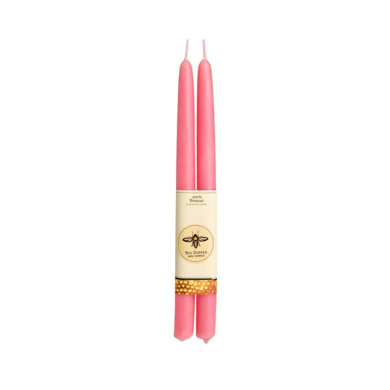 A pair of elegant Big Dipper Wax Works 100% Pure Beeswax STANDARD Tapers, hand-dipped and showcasing a warm golden hue.