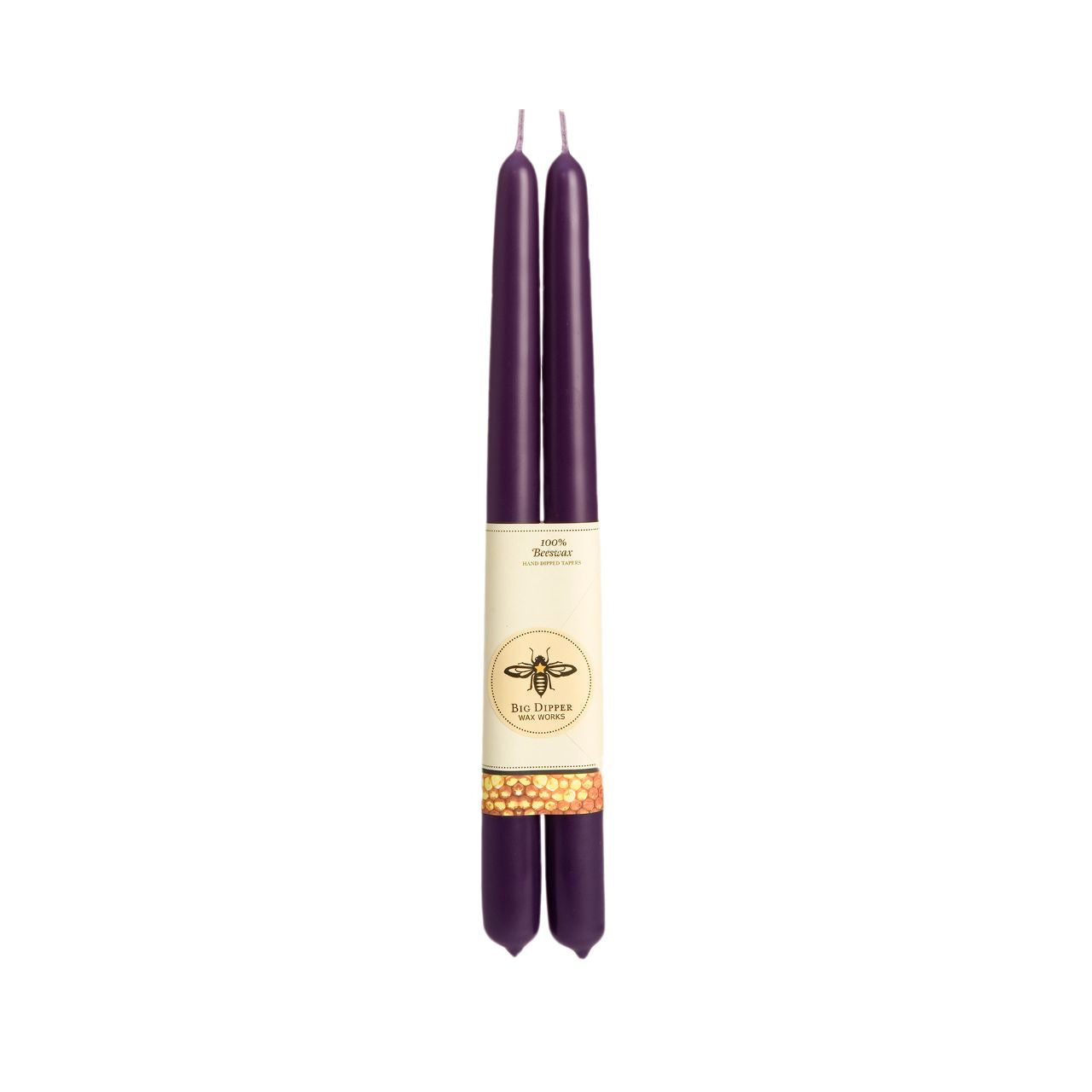 A pair of elegant Big Dipper Wax Works 100% Pure Beeswax STANDARD Tapers, hand-dipped and showcasing a warm golden hue.