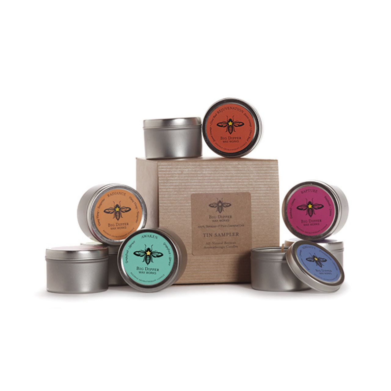 Big Dipper Wax Works 1.7 oz Tin Sampler featuring nine aromatherapy candles in elegant tins, showcasing natural beeswax and essential oils.