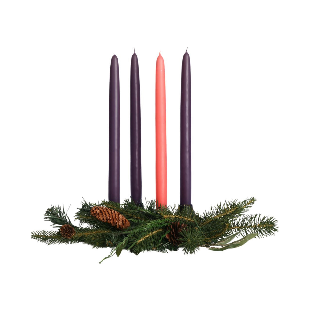 Big Dipper Wax Works Advent Taper Set featuring four elegant hand-dipped beeswax candles in eggplant and pink colors.