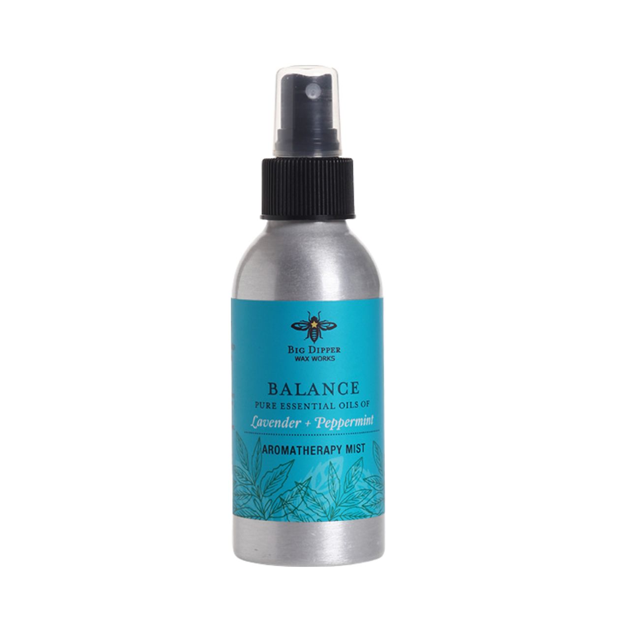 Big Dipper Wax Works Balance Aromatherapy Mist in a sleek aluminum bottle, showcasing a refreshing blend of Lavender, Orange, and Peppermint essential oils.