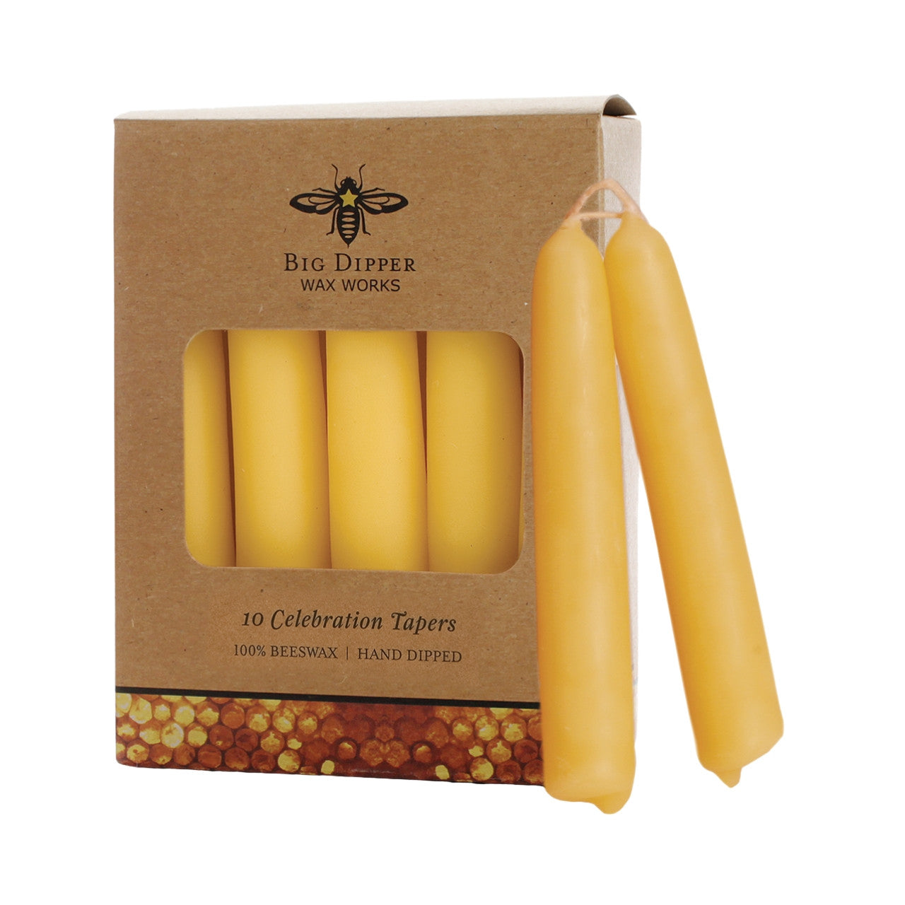 A set of Big Dipper Wax Works beeswax celebration tapers, hand-dipped and elegantly designed, perfect for festive occasions.