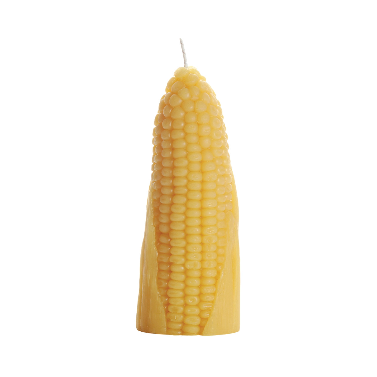 A hand-carved beeswax candle shaped like a corn cob, showcasing intricate details and a warm, natural color.