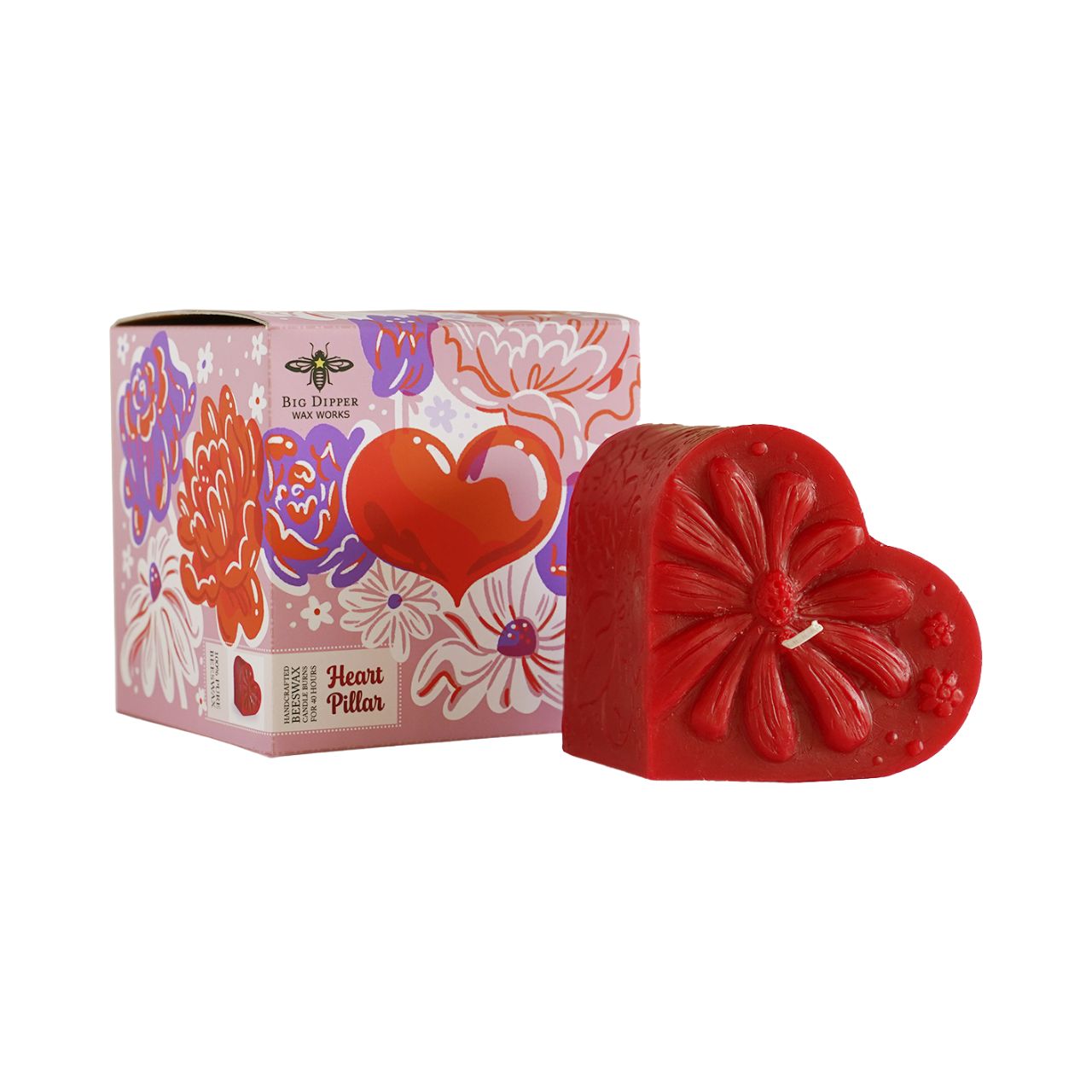 Big Dipper Wax Works Beeswax Heart Pillar candle in vibrant red, handcrafted and sculpted, measuring 3 inches by 3 inches.