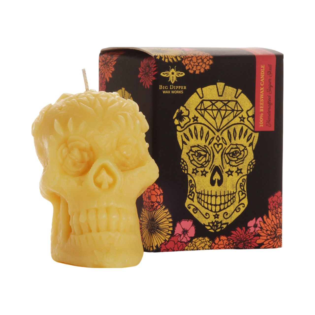 Big Dipper Wax Works Beeswax Sugar Skull candle, artisan crafted, 2.5 inches wide and 3.5 inches tall, featuring intricate details.