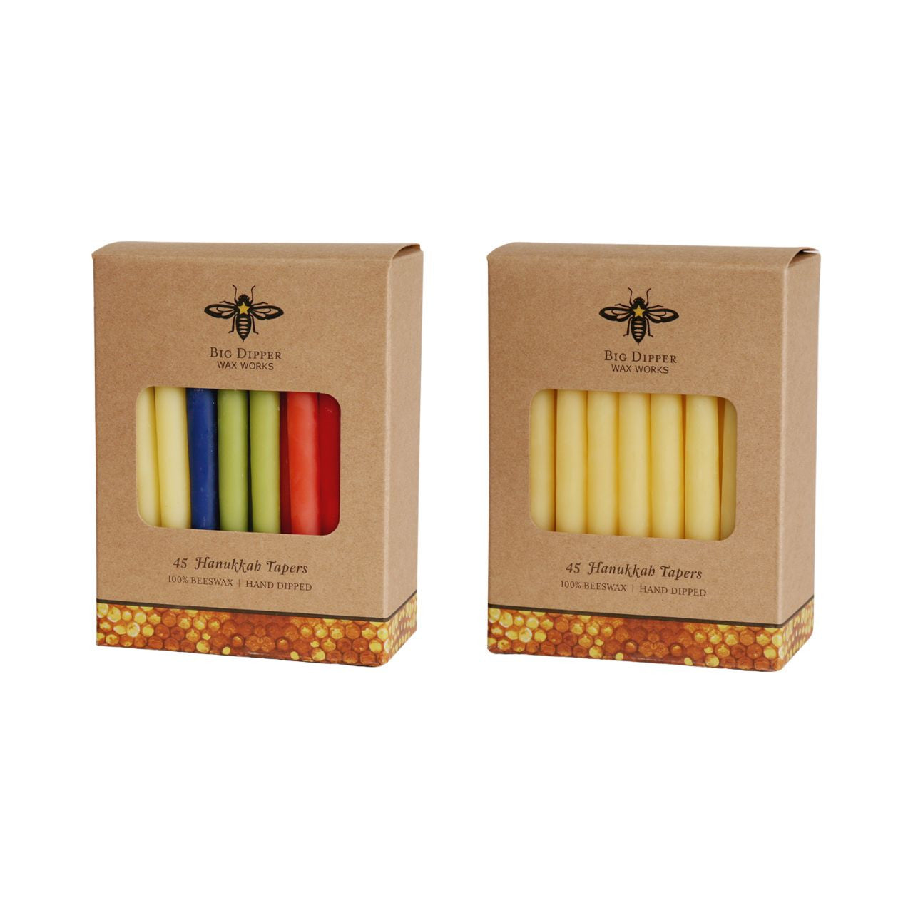 A box of Big Dipper Wax Works Hanukkah Beeswax Taper Candles, featuring 45 hand-dipped candles in natural and multi-colored options, perfect for menorah lighting.