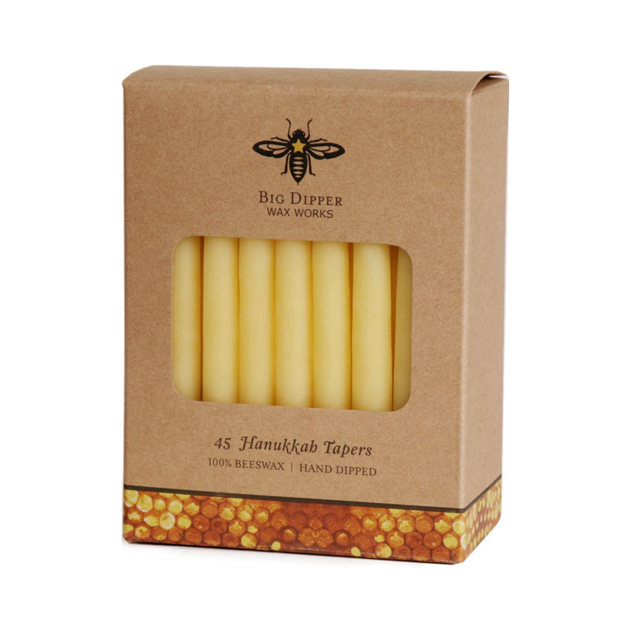 A box of Big Dipper Wax Works Hanukkah Beeswax Taper Candles, featuring 45 hand-dipped candles in natural and multi-colored options, perfect for menorah lighting.