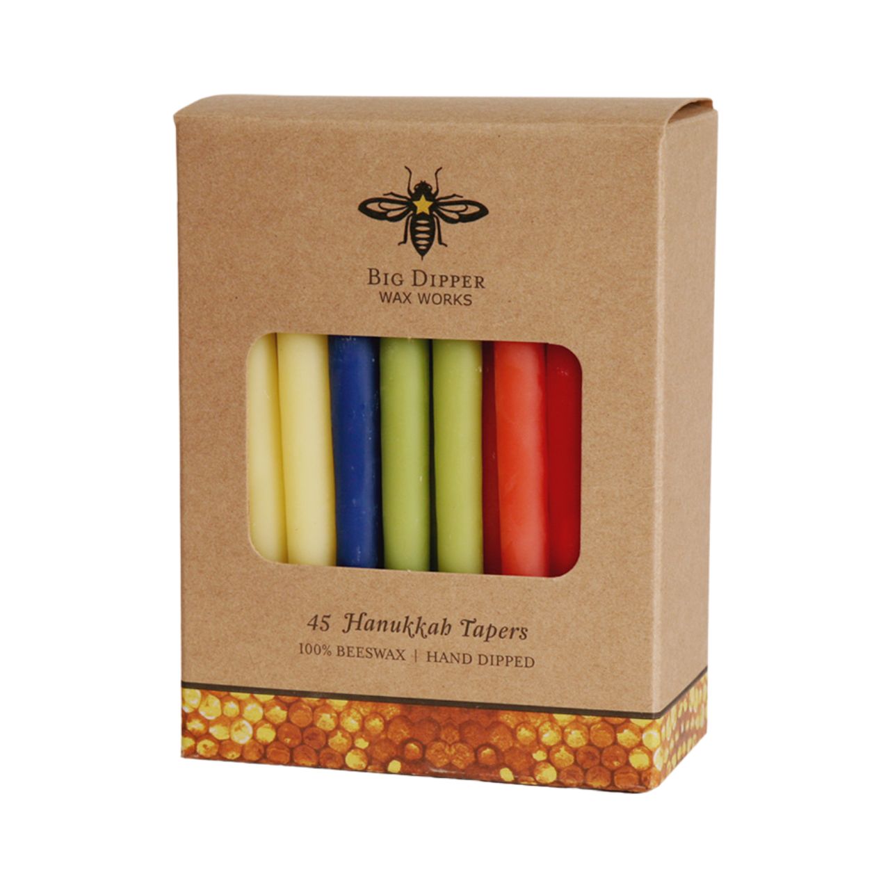 A box of Big Dipper Wax Works Hanukkah Beeswax Taper Candles, featuring 45 hand-dipped candles in natural and multi-colored options, perfect for menorah lighting.