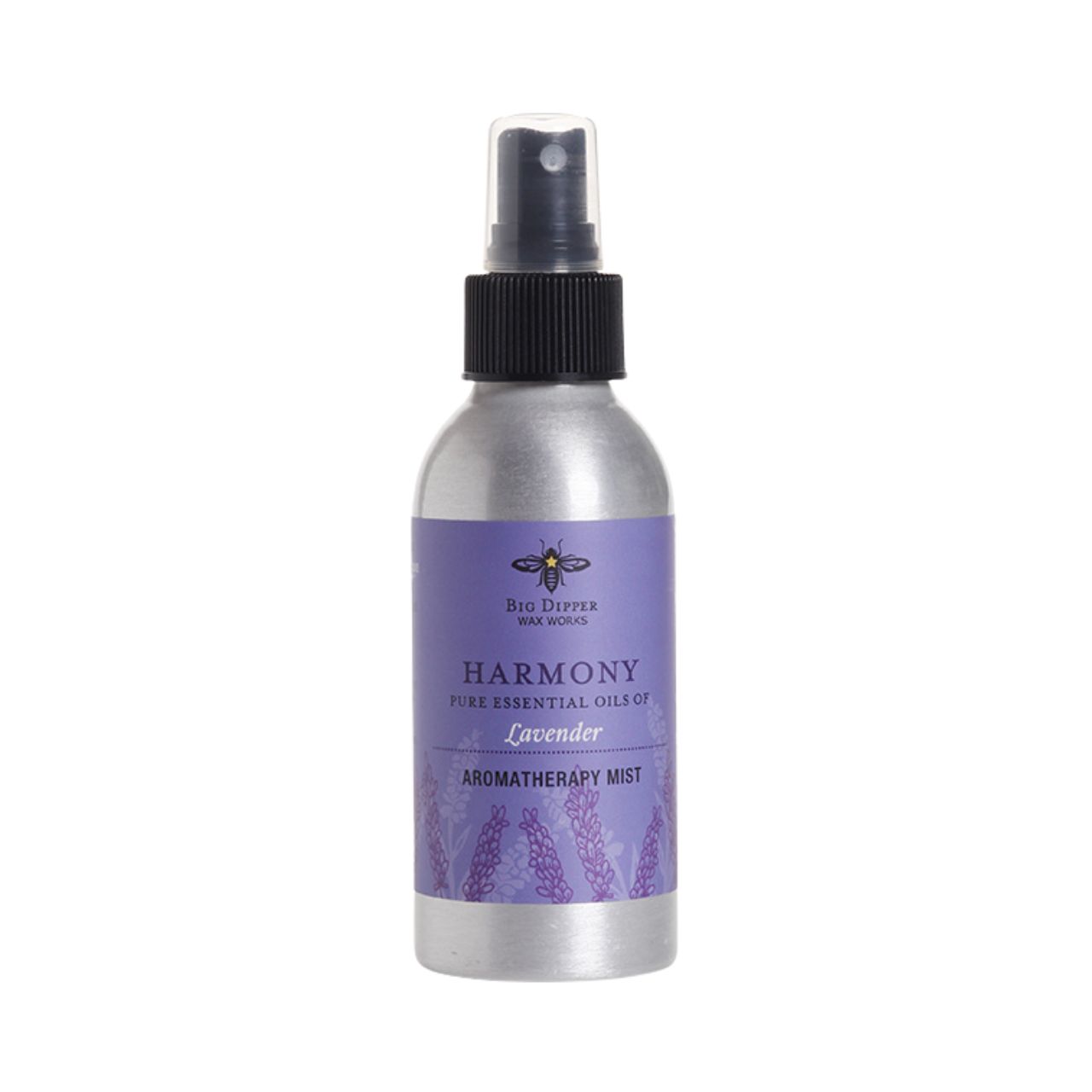 Big Dipper Wax Works Harmony Aromatherapy Mist in a 4 oz. aluminum bottle, featuring a calming floral design.