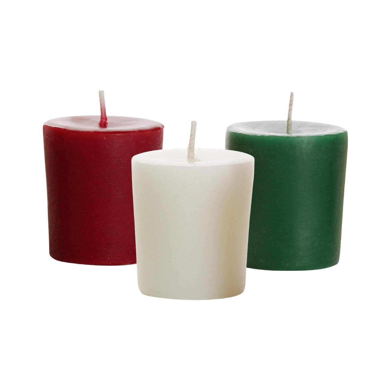 Big Dipper Wax Works Holiday Aromatherapy Votives in festive colors, showcasing pine, mint, and spice scents, perfect for holiday ambiance.