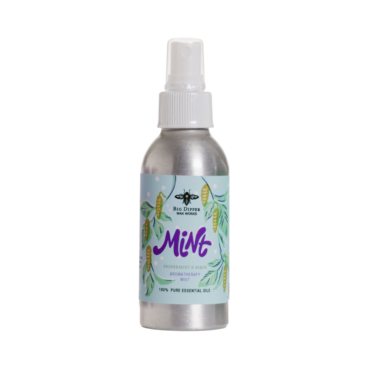 Big Dipper Wax Works Mint Aromatherapy Mist in a sleek aluminum bottle, showcasing a refreshing blend of mint and lavender essential oils.