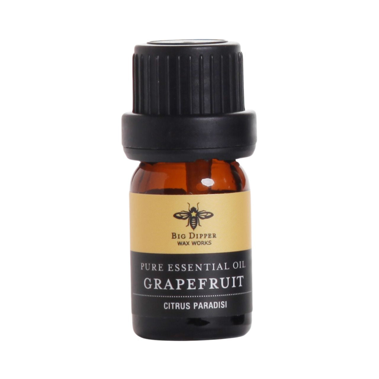 5 ml amber glass bottle of Big Dipper Wax Works Organic Grapefruit Essential Oil with dropper top, showcasing its vibrant citrus aroma.