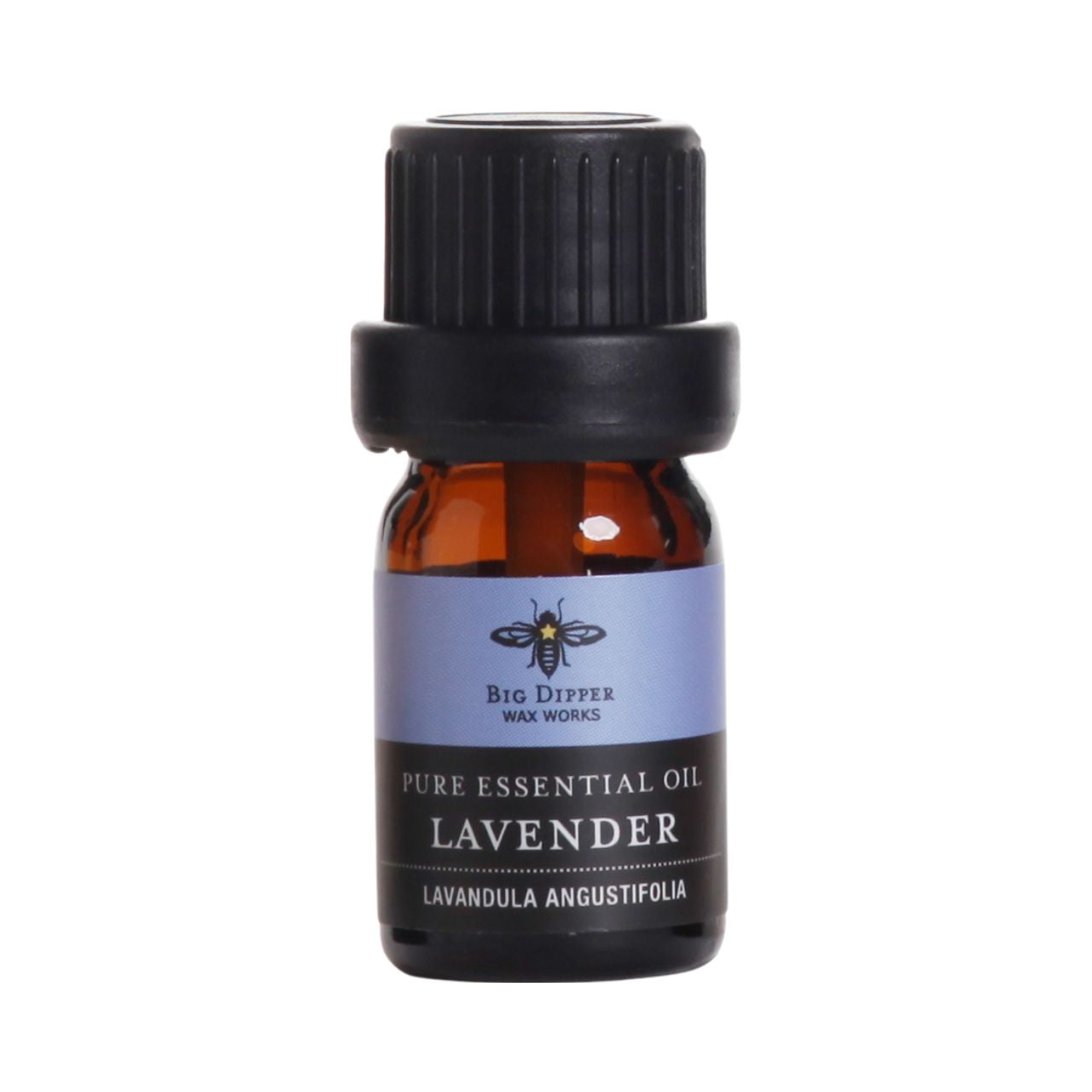 5 ml bottle of Big Dipper Wax Works Organic Lavender Essential Oil with dropper top, showcasing its amber glass packaging.