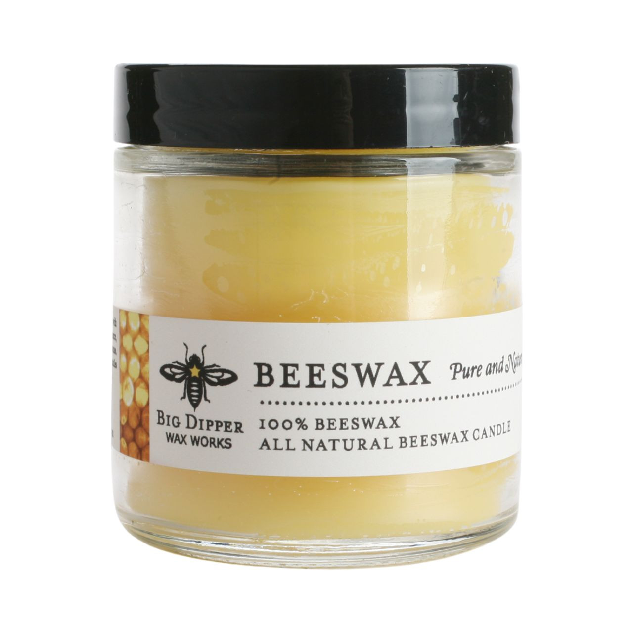 Big Dipper Wax Works Pure Beeswax Apothecary Glass candle in a clear reusable glass jar, showcasing its natural beeswax color.