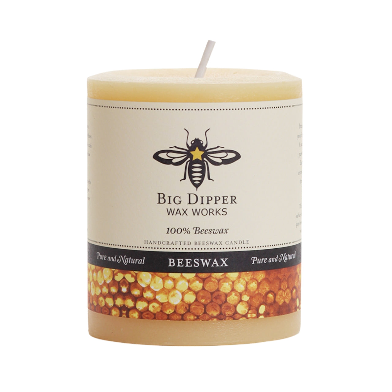 Big Dipper Wax Works Pure Beeswax Pillars in various sizes and colors, showcasing their elegant design and natural honey fragrance.