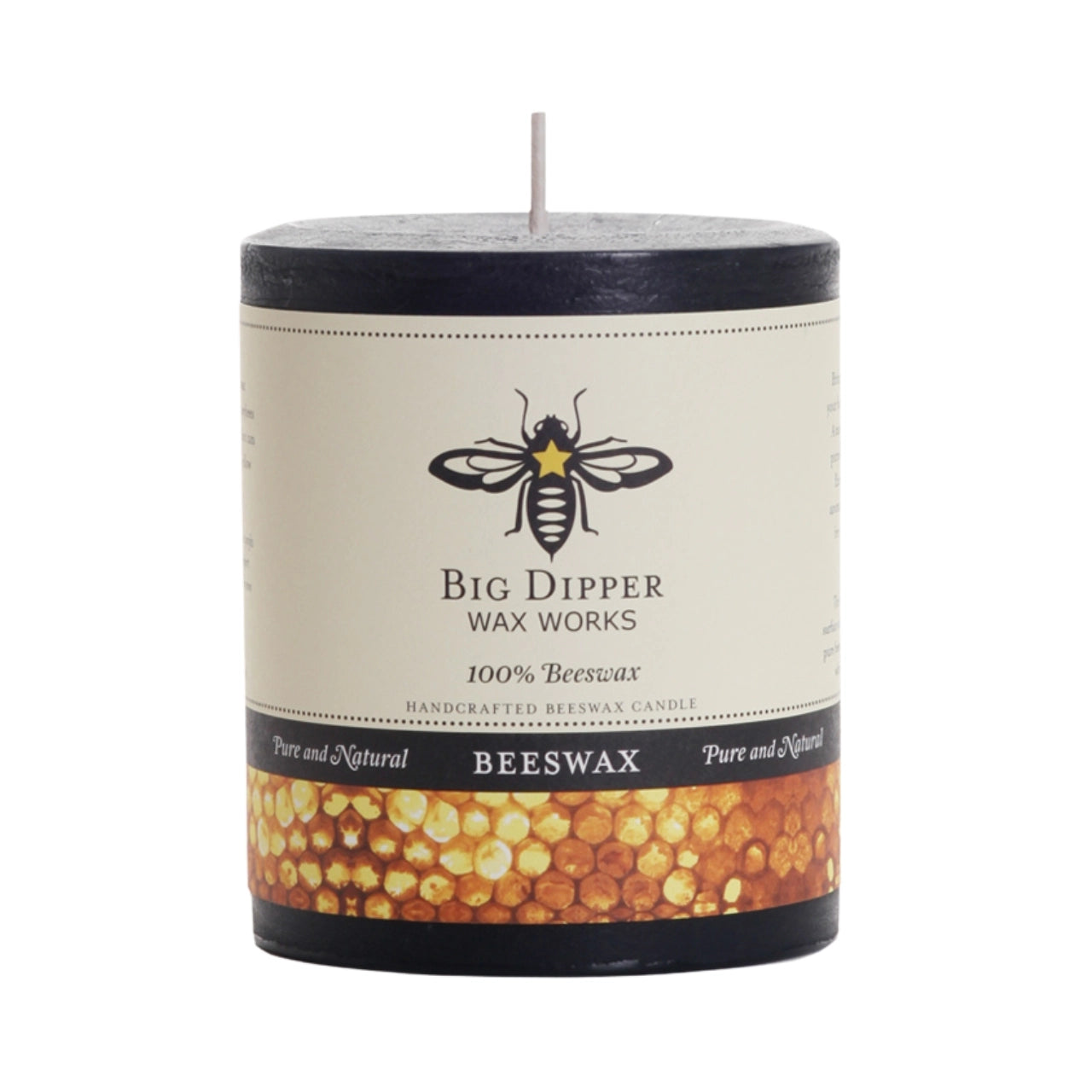 Big Dipper Wax Works Pure Beeswax Pillars in various sizes and colors, showcasing their elegant design and natural honey fragrance.