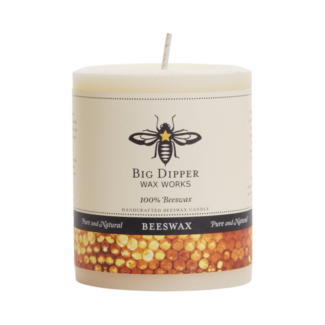 Big Dipper Wax Works Pure Beeswax Pillars in various sizes and colors, showcasing their elegant design and natural honey fragrance.