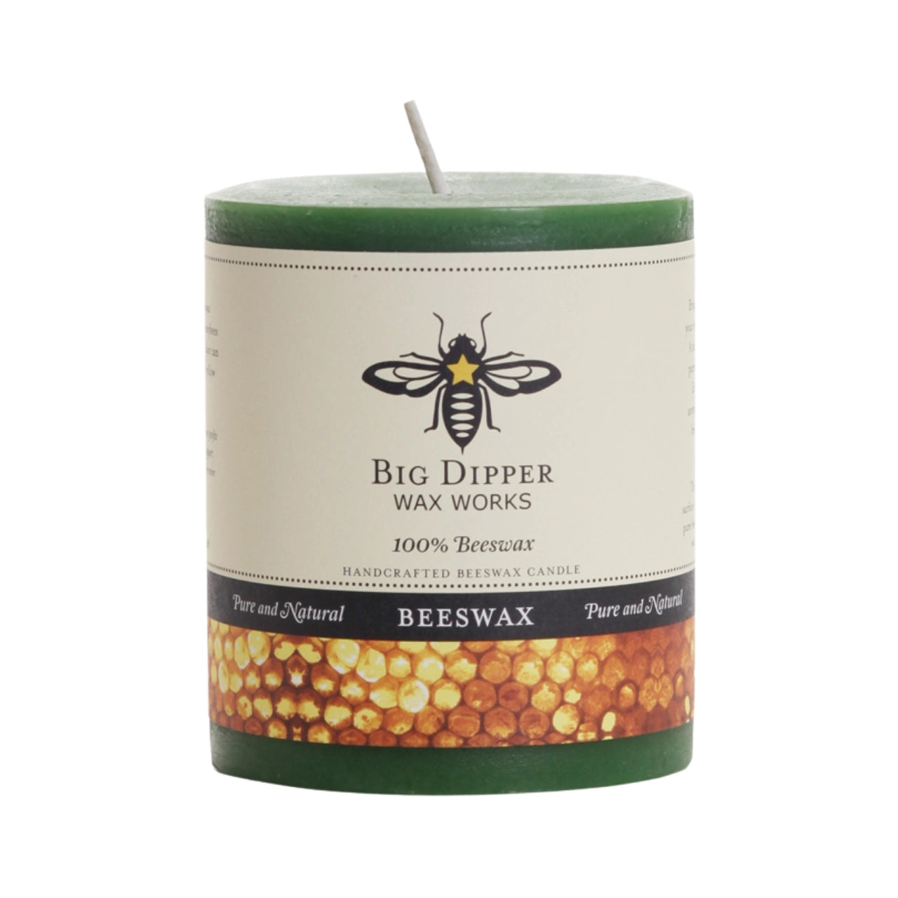 Big Dipper Wax Works Pure Beeswax Pillars in various sizes and colors, showcasing their elegant design and natural honey fragrance.