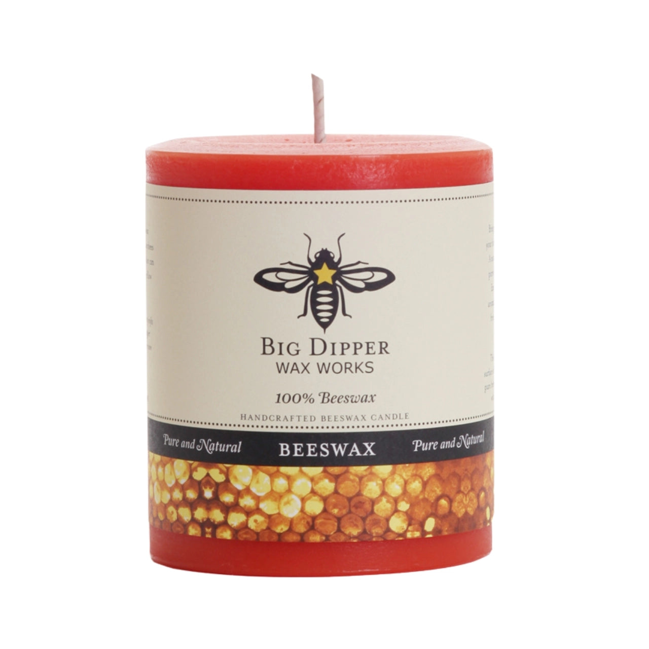 Big Dipper Wax Works Pure Beeswax Pillars in various sizes and colors, showcasing their elegant design and natural honey fragrance.