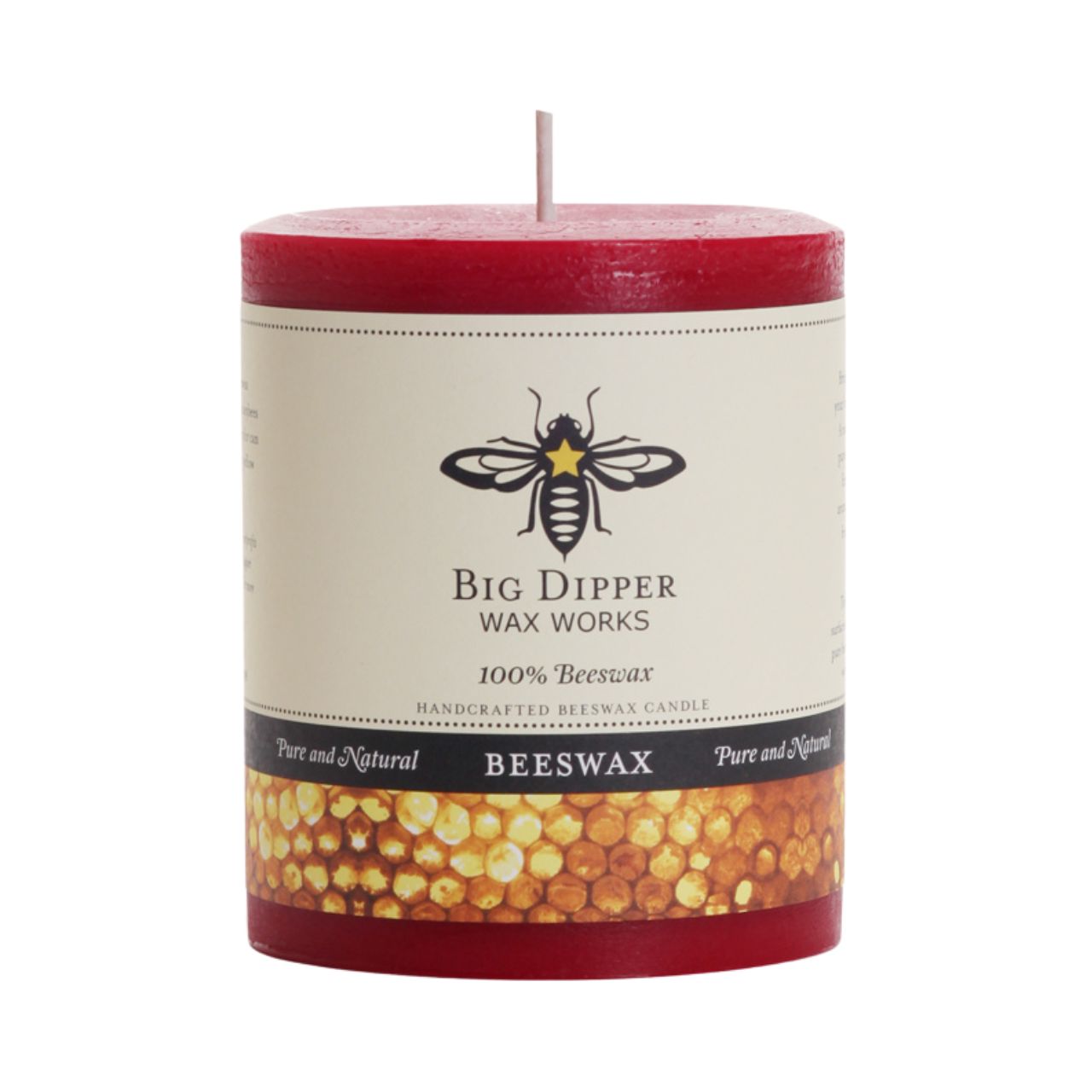 Big Dipper Wax Works Pure Beeswax Pillars in various sizes and colors, showcasing their elegant design and natural honey fragrance.