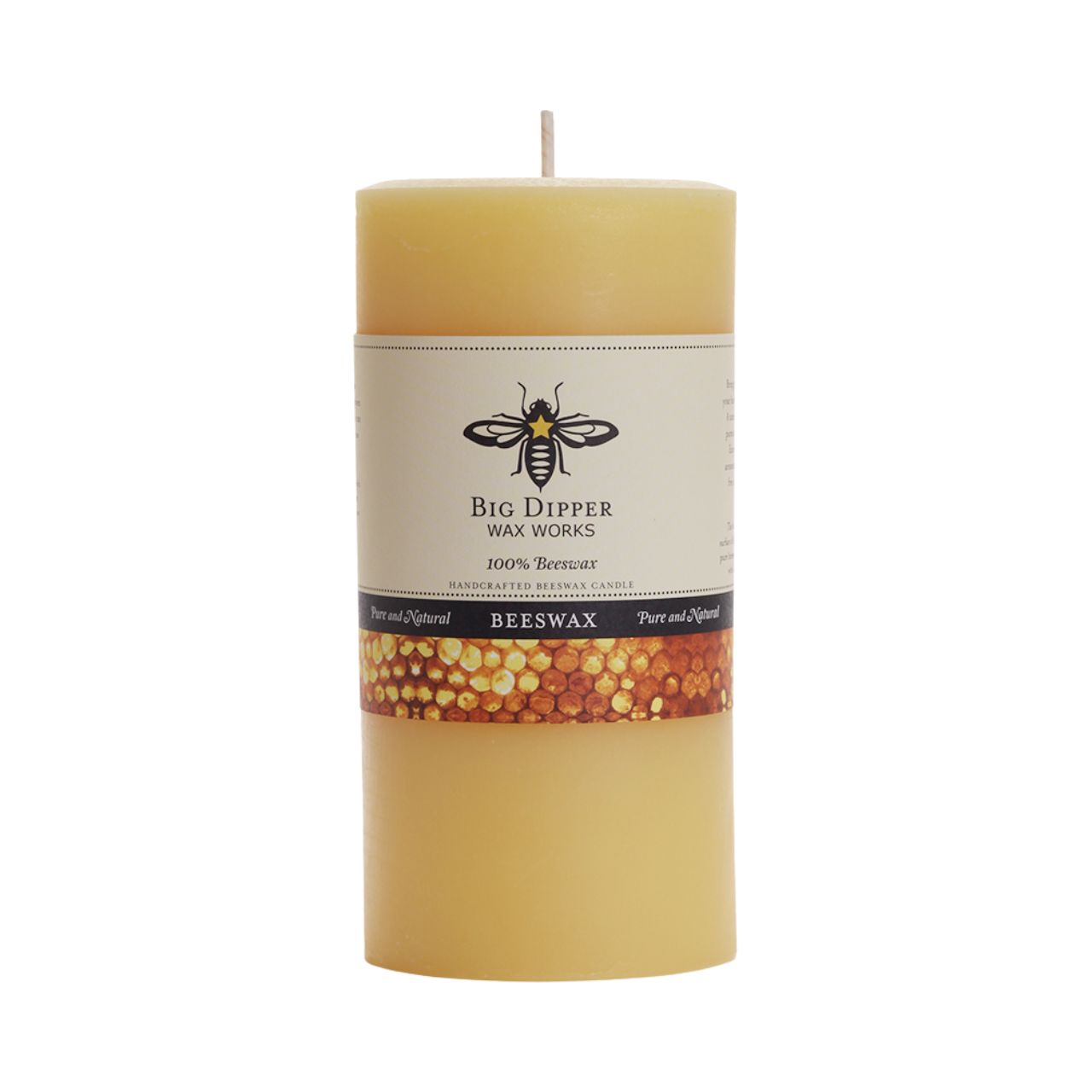 Big Dipper Wax Works Pure Beeswax Pillars in various sizes and colors, showcasing their elegant design and natural honey fragrance.